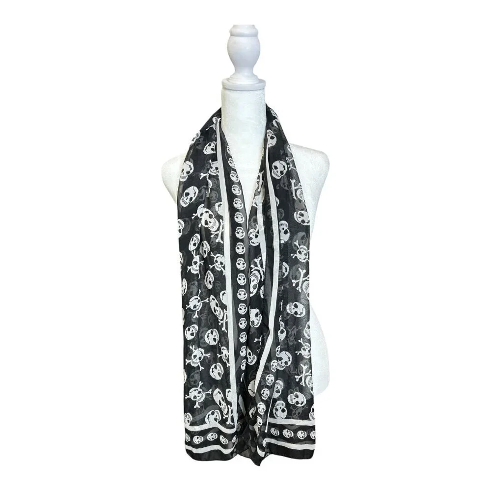 Halloween‎ Spooky Unisex Scarf with Printed Skulls Black & White Grunge Goth
